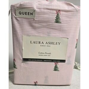 Laura Ashley 100% Cotton Percale QUEEN Sheet set Red Christmas Tree Bow Holiday